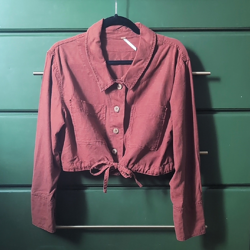 Free People Terracotta Cropped Jacket Linen Cotton Blend